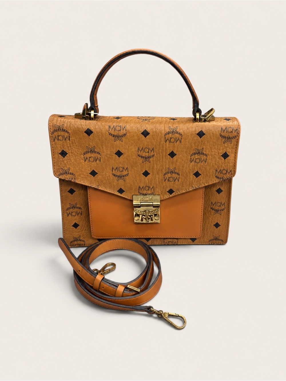 MCM Cognac Visetos Top-Handle Satchel with Gold Hardware
